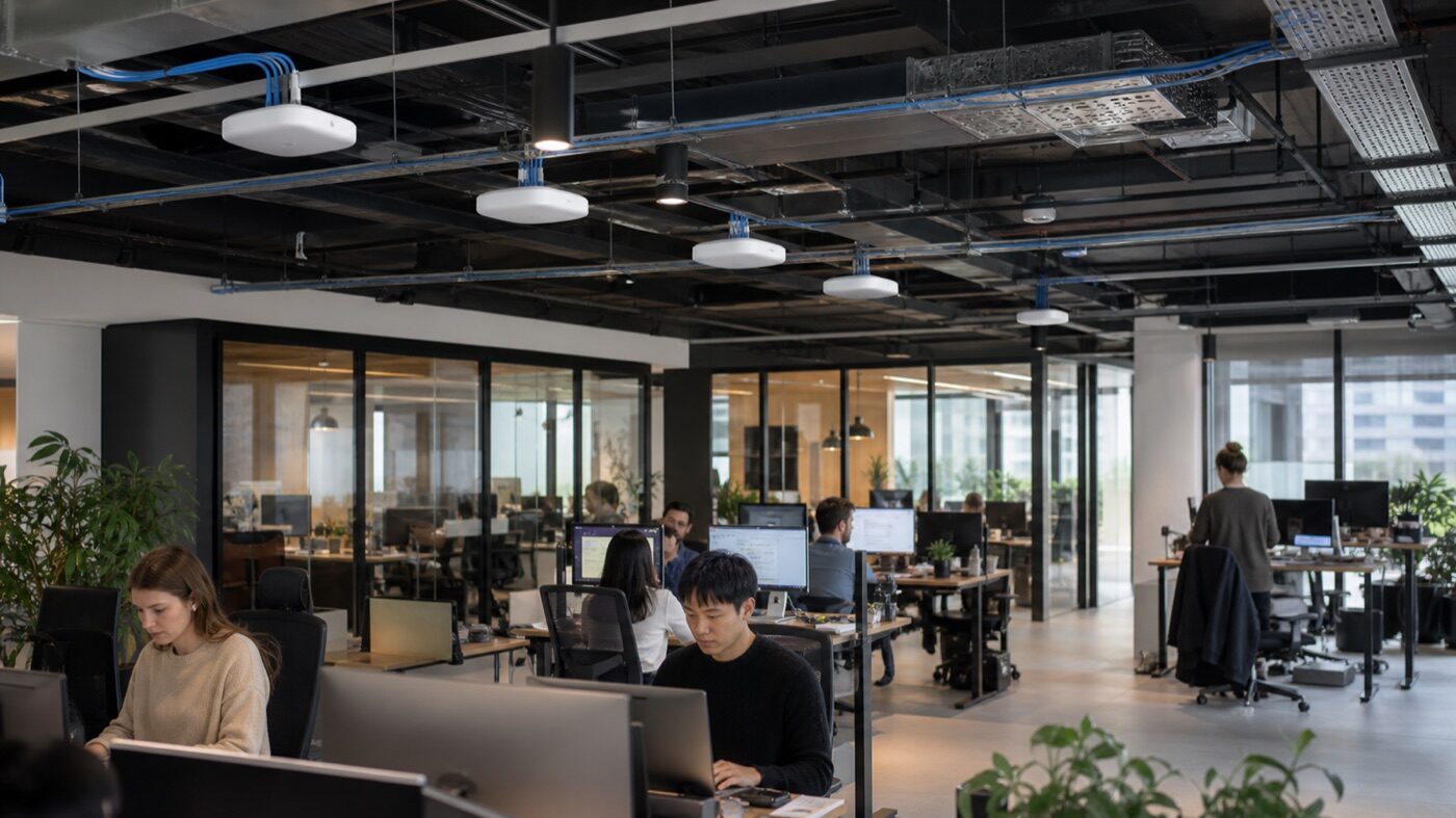 辦公室吸頂企業級 AP 以網路線有線回程連接的實景|蓋斯克科技