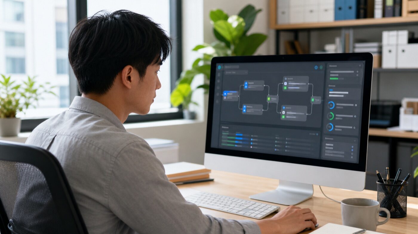 企業員工在辦公桌前看 AI 代理在電腦上自動執行多步驟任務的實景｜蓋斯克科技