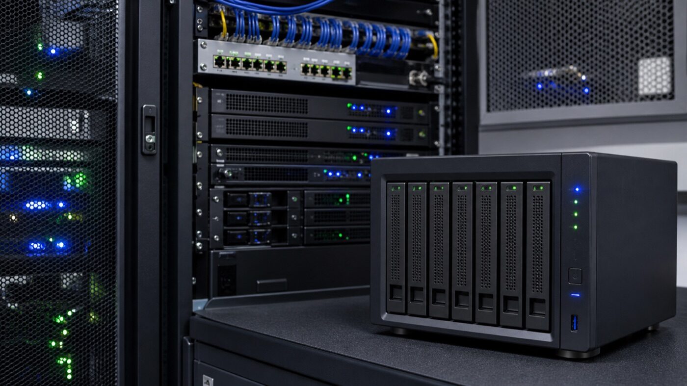企業資料儲存實景：多槽位 NAS 與小型伺服器機櫃、狀態燈｜蓋斯克科技