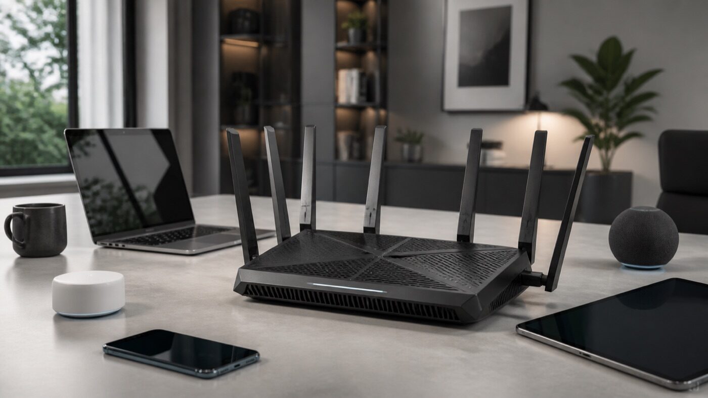 高階 Wi-Fi 7 多天線路由器與周邊連線裝置的實景|蓋斯克科技