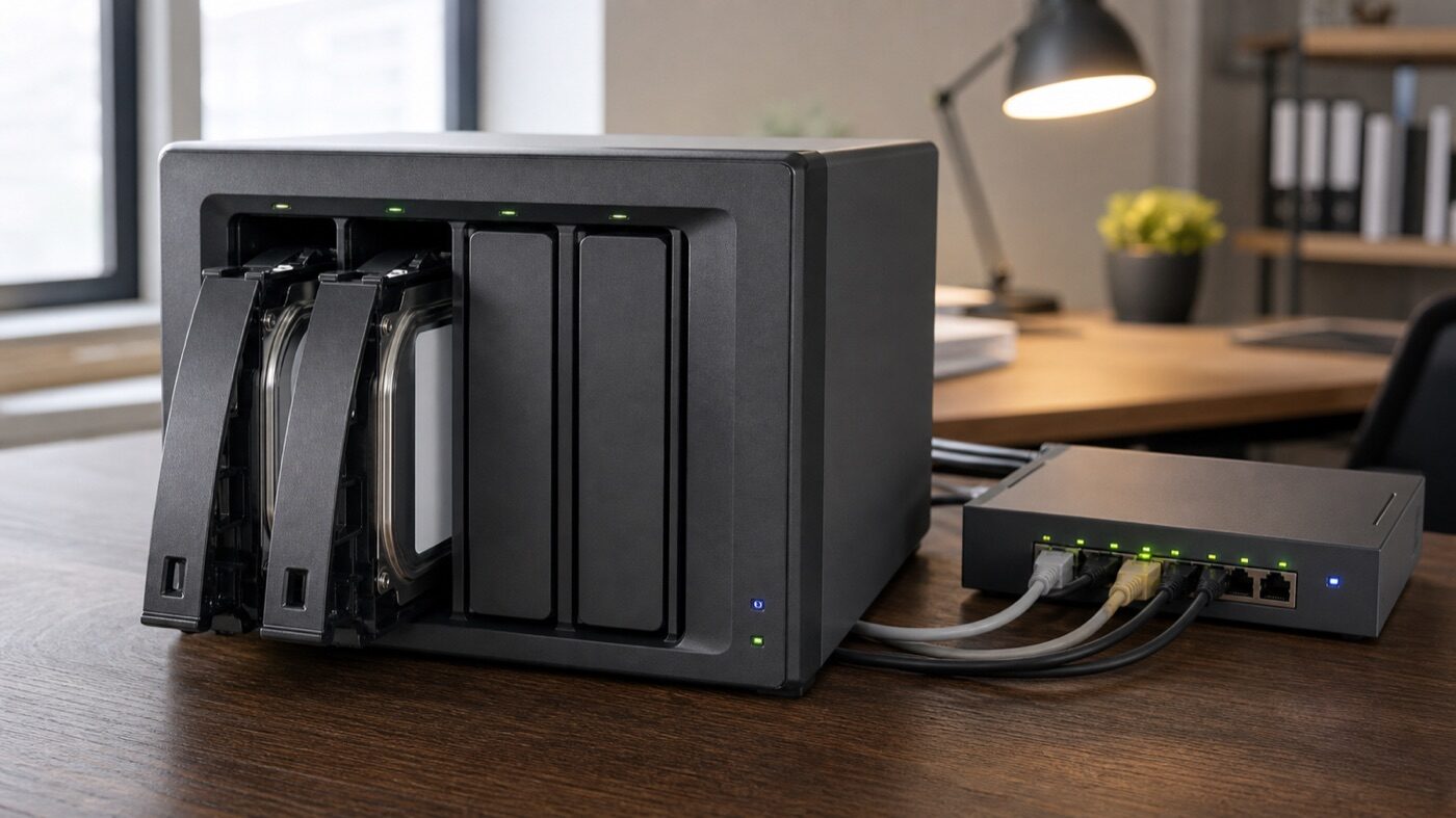 4-bay 企業 NAS 網路儲存設備與抽取式硬碟、狀態燈實景｜蓋斯克科技