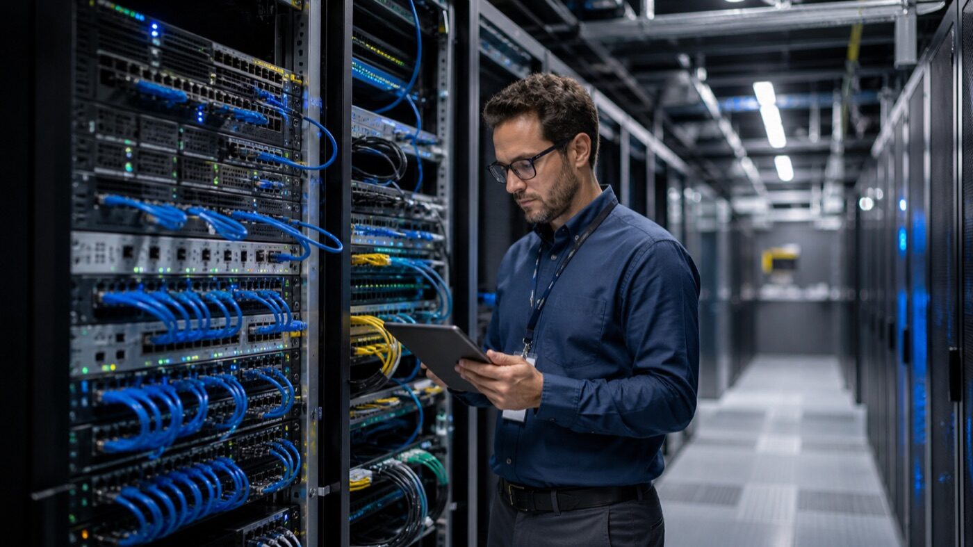 AI 就緒的企業機房與網路基礎建設實景：機架交換器與 IT 人員檢查｜蓋斯克科技