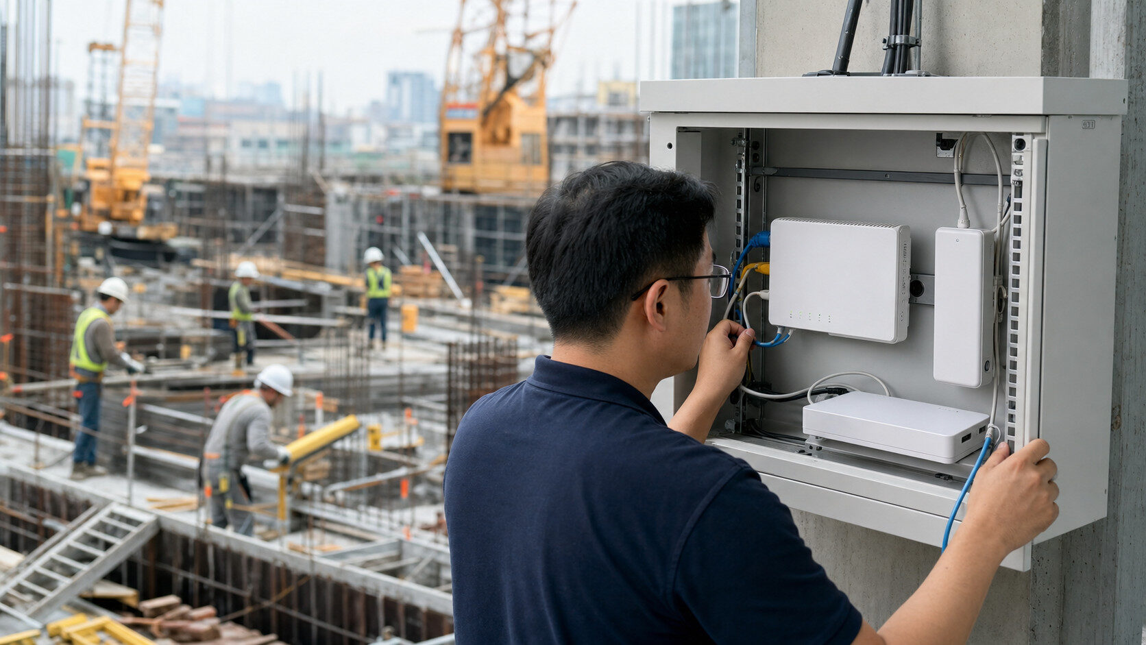 戶外工地施工現場,機櫃內安裝有線網路終端與5G備援設備|蓋斯克科技
