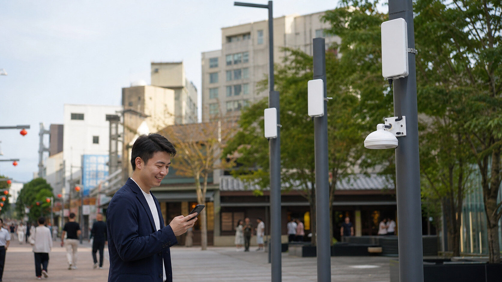 三支5G備援設備夾裝於戶外電桿與UniFi WiFi AP,用戶戶外正常使用網路|蓋斯克科技