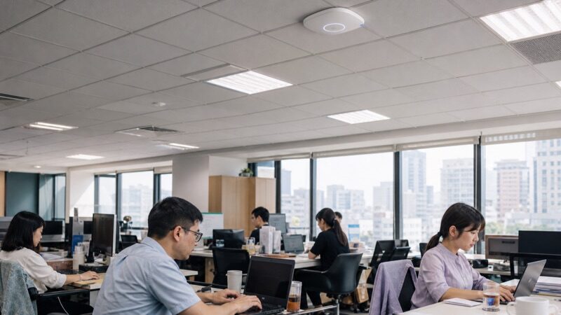 辦公室企業 Wi-Fi 實景：開放式辦公區天花板 AP 佈點、員工筆電同時連線｜蓋斯克科技