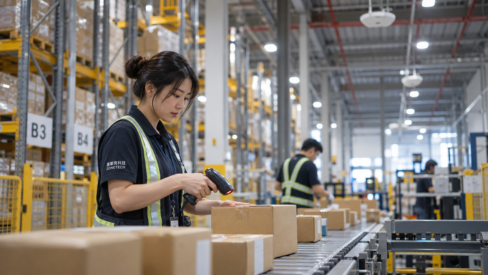 智慧物流中心實景:輸送帶分揀區與掃描槍作業,天花板可見無線 AP|蓋斯克科技