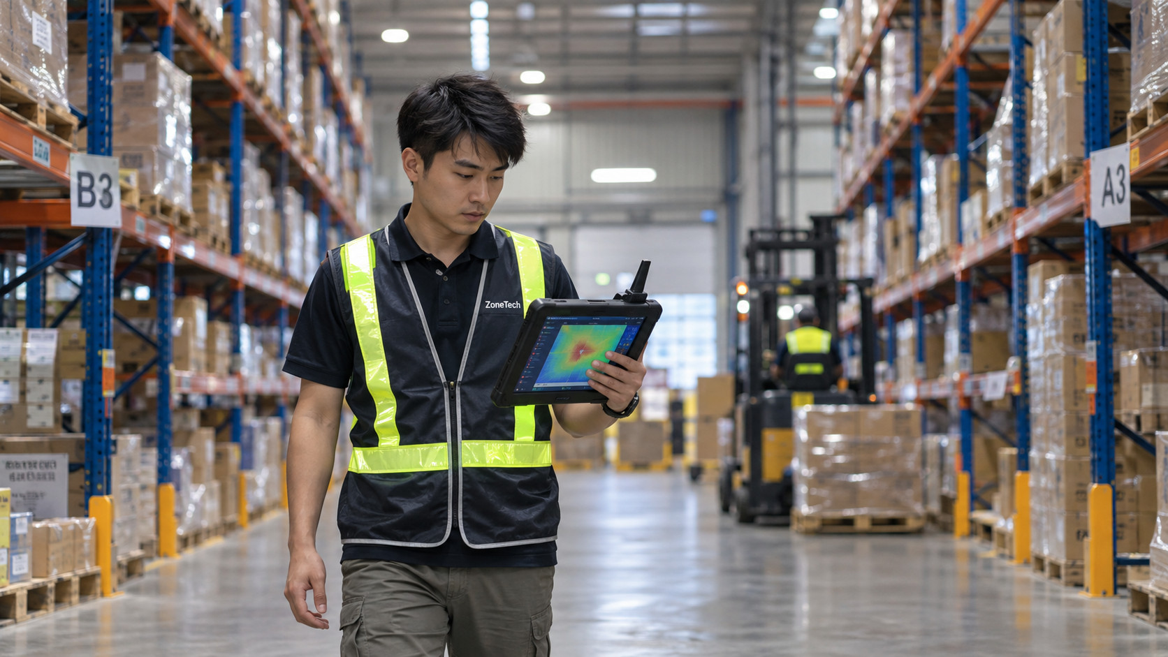 蓋斯克科技工程師在高架倉走道用場勘設備量測 WiFi 訊號｜蓋斯克科技
