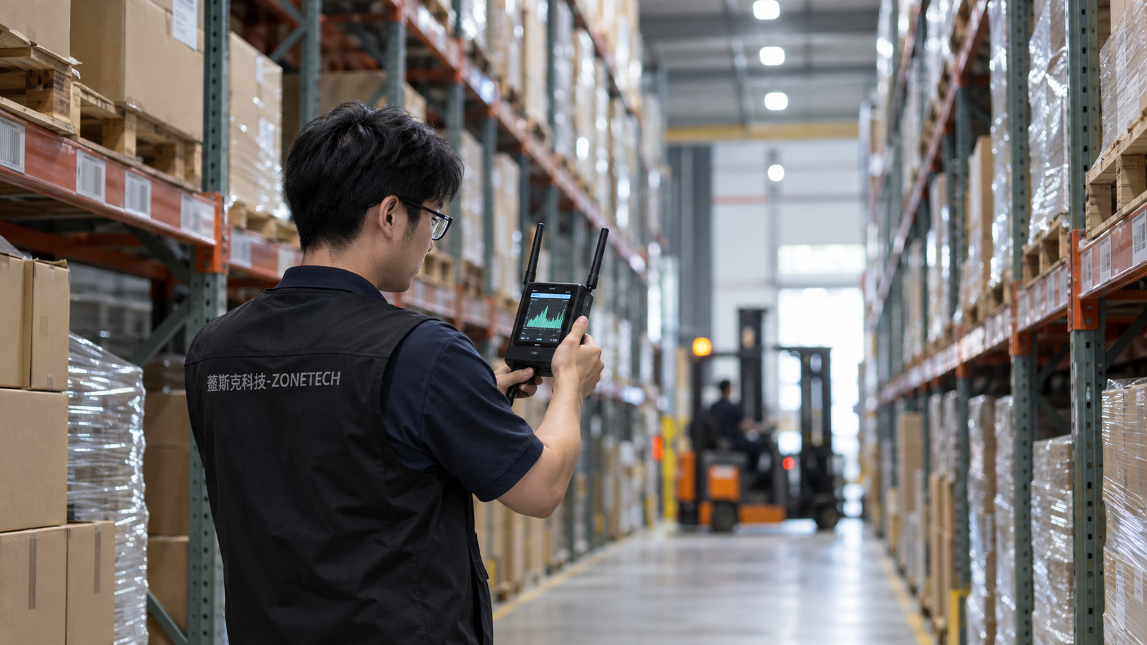 蓋斯克科技工程師在高架倉走道進行 RF 場勘,手持專業場勘設備量測訊號|蓋斯克科技