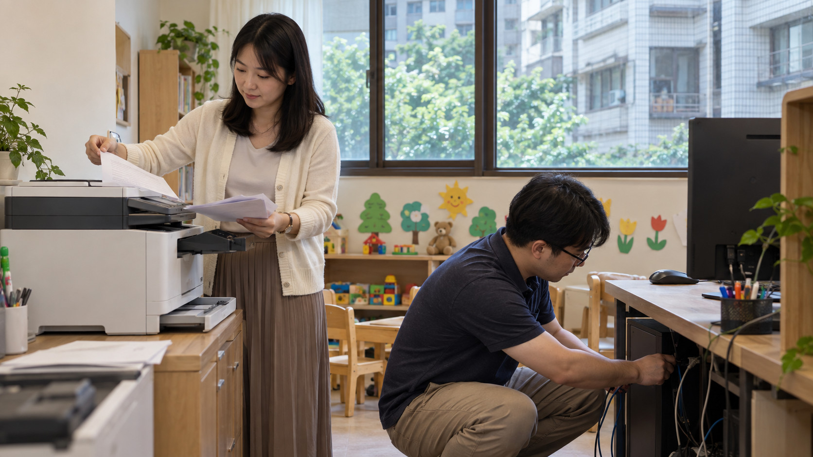 台北連鎖幼教機構行政辦公室與印表機設定情境|蓋斯克科技