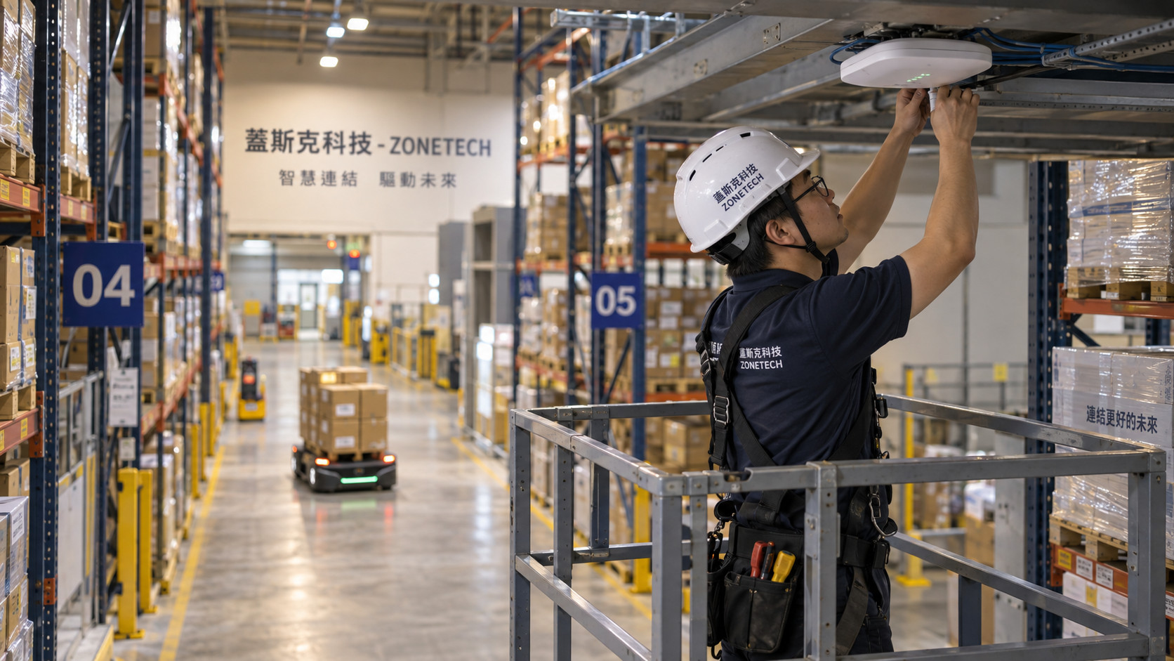 工程師於升降平台安裝天花板無線AP，AGV於背景走道運行｜蓋斯克科技