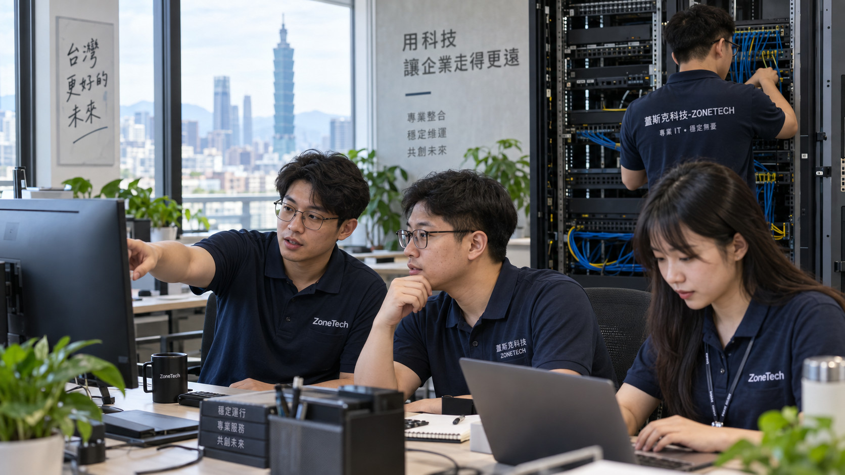 蓋斯克科技IT團隊在辦公室協助企業處理電腦與網路設備的實景