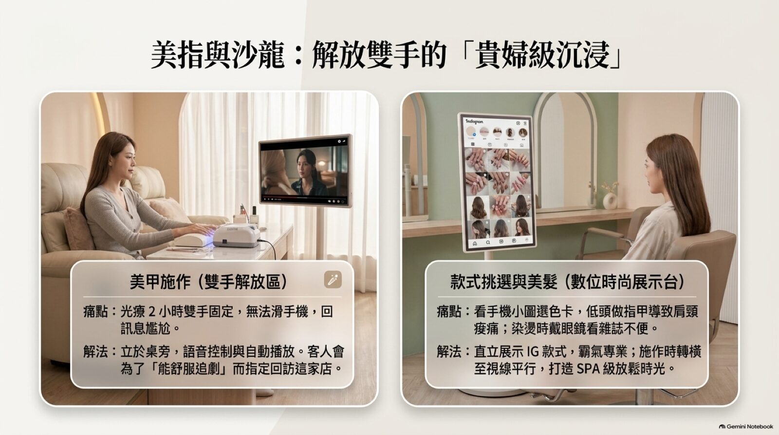 閨蜜機在美甲桌旁與美髮沙龍作為款式展示台的使用情境