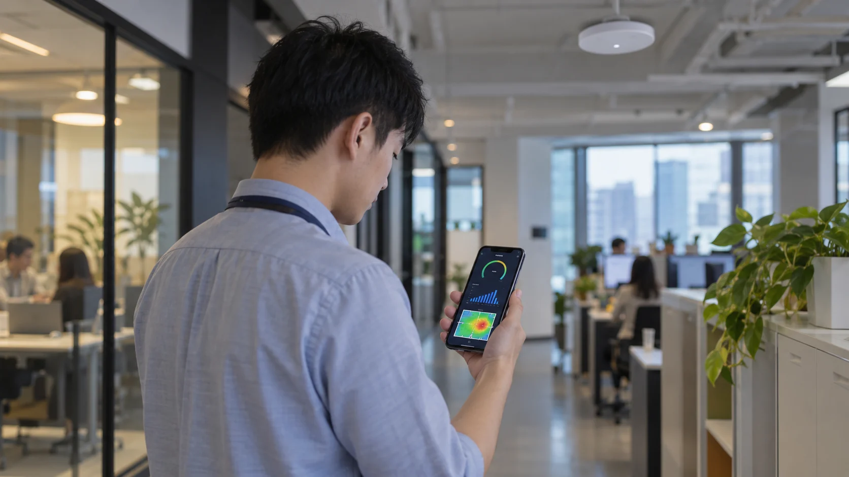 IT 工程師在辦公室走道拿手機用 Wi-Fi 測量 App 檢查訊號強度與覆蓋熱點圖
